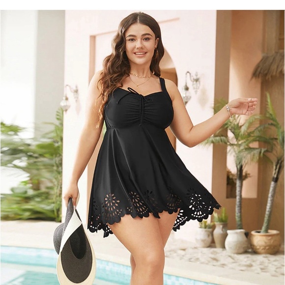 BloomChic Plus Size Laser Cut Ruched Drawstring A Line Swim Dress - Picture 4 of 7